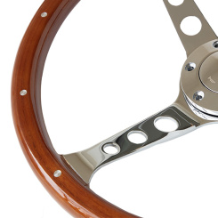 Volante grande de madera antiguo, volante de barco de madera preciosa con radios cromados, 38 cm 