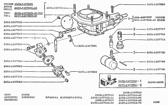 Parte 1 Vista de despiece, esquema del carburador Niva 1600 ccm, 2121 