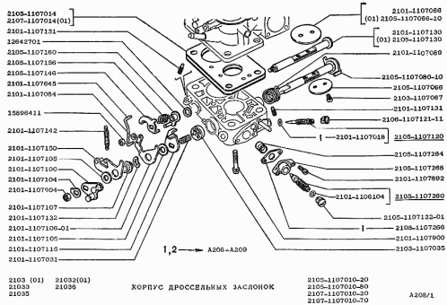 Parte 3. Vista de despiece, esquema del carburador Niva 1600 ccm, 2121 