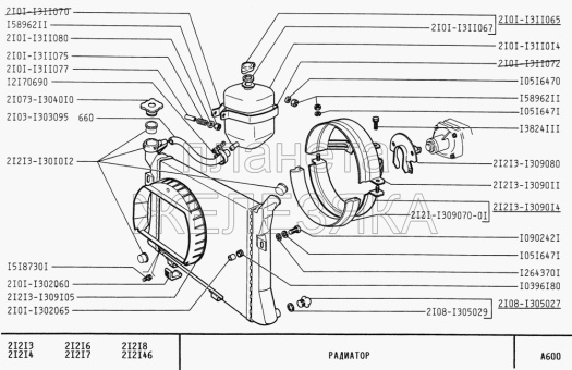 Vista de despiece, esquema del radiador Niva 1600 ccm, 2121 