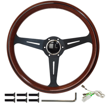 Large vintage wooden steering wheel, boat steering wheel made of precious wood with black spokes, 36cm 